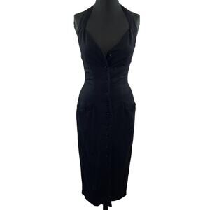 VINTAGE Bernd Berger Black Sleeveless Button-Down Front V-Neck Bodycon Dress 6